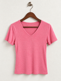 Bright Pink V-Neck Ribbed T-Shirt