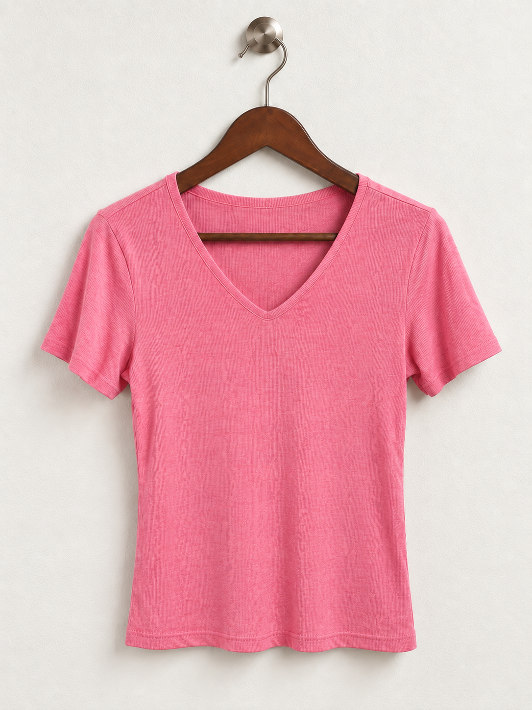 Bright Pink V-Neck Ribbed T-Shirt