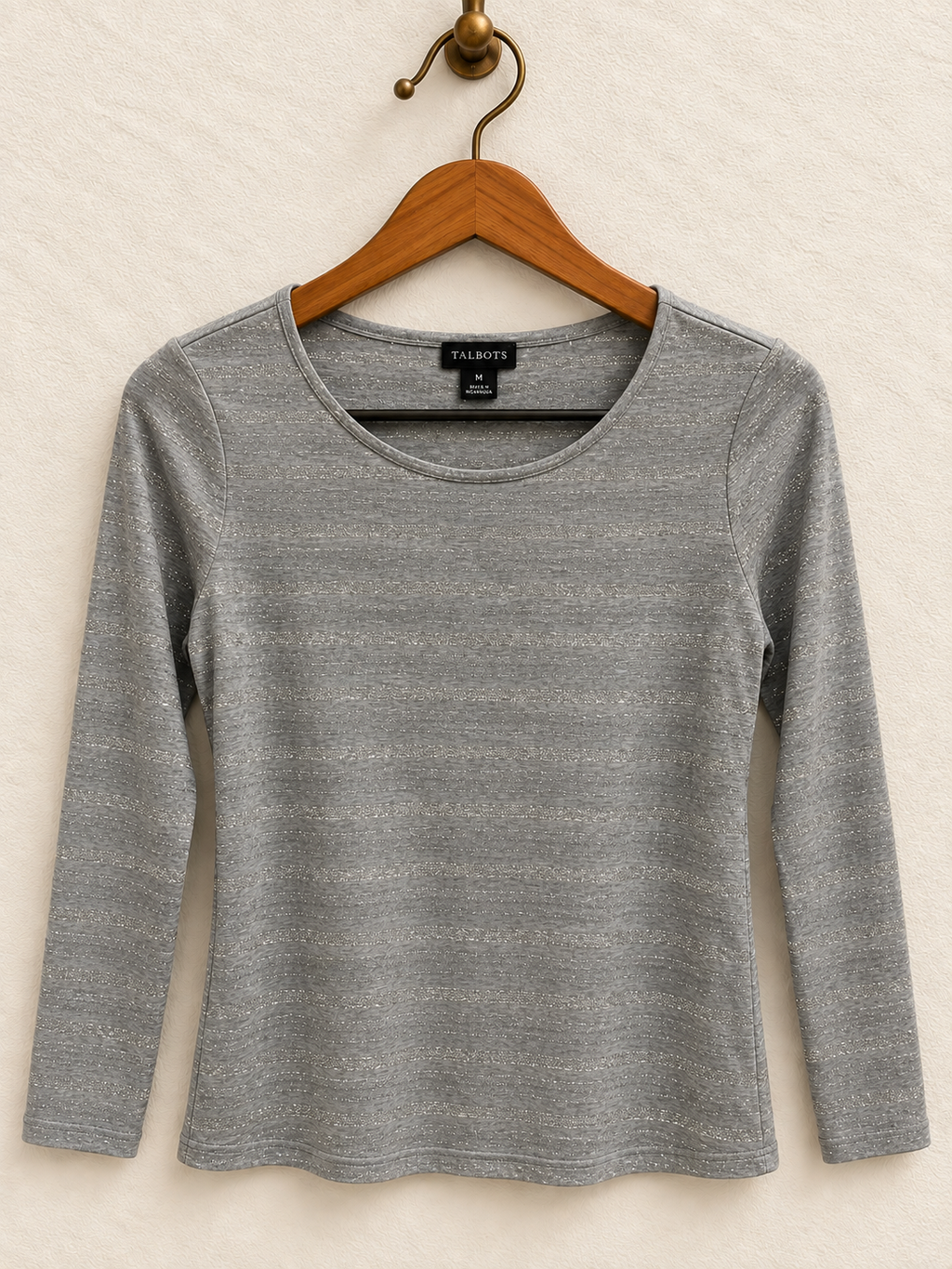 Talbots Women's Grey Metallic Shimmer Striped Long Sleeve Scoop Neck Tshirt Size M