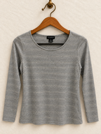 Talbots Women's Grey Metallic Shimmer Striped Long Sleeve Scoop Neck Tshirt Size M