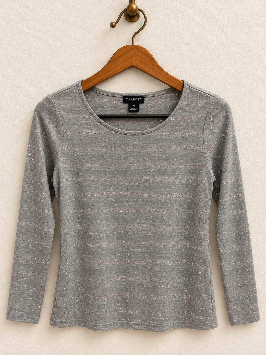 Talbots Women's Grey Metallic Shimmer Striped Long Sleeve Scoop Neck Tshirt Size M