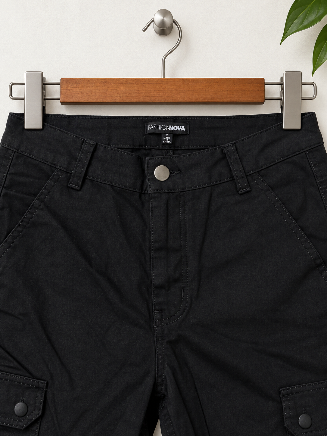 Fashion Nova Black High-Waist Cotton Cargo Trousers Size- M
