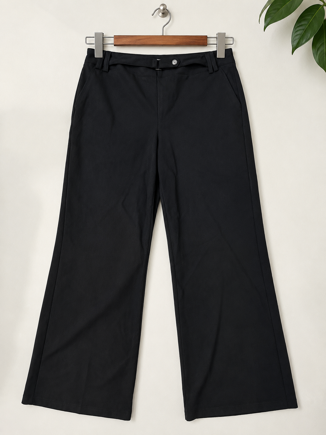 SOHO Apparel - Women’s Solid Black Belted Wide Leg Poly Trousers Size L
