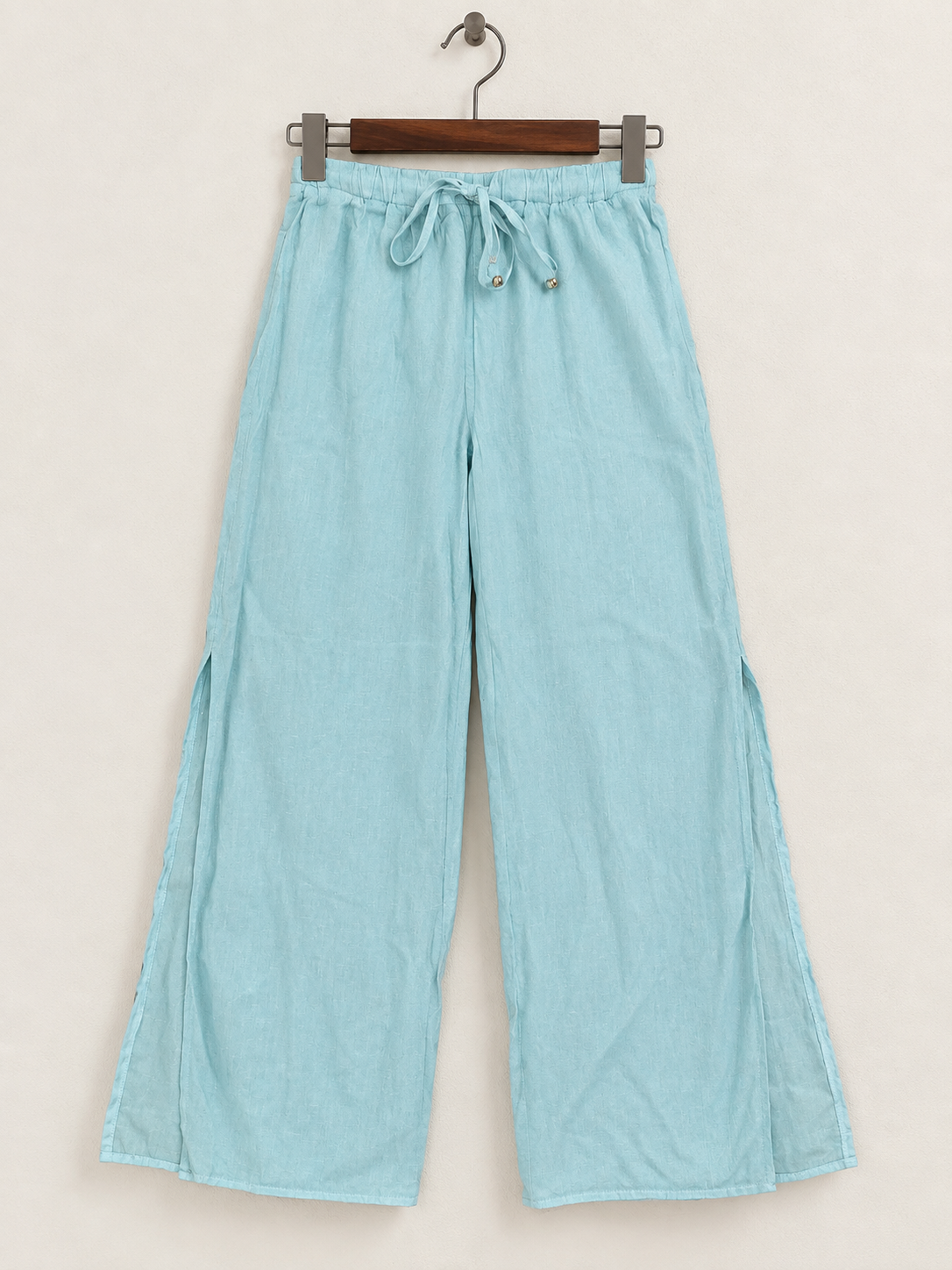 Light Blue Drawstring Wide Leg Trousers with Side Slits
