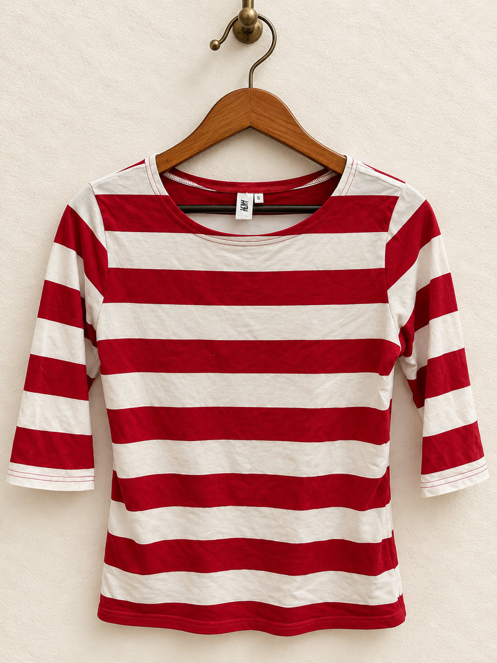 Missmoly Women's Red & White Striped 3/4 Sleeve Scoop Neck Top Size - S