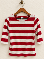 Missmoly Women's Red & White Striped 3/4 Sleeve Scoop Neck Top Size - S