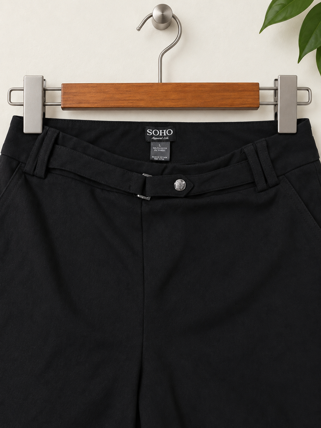 SOHO Apparel - Women’s Solid Black Belted Wide Leg Poly Trousers Size L