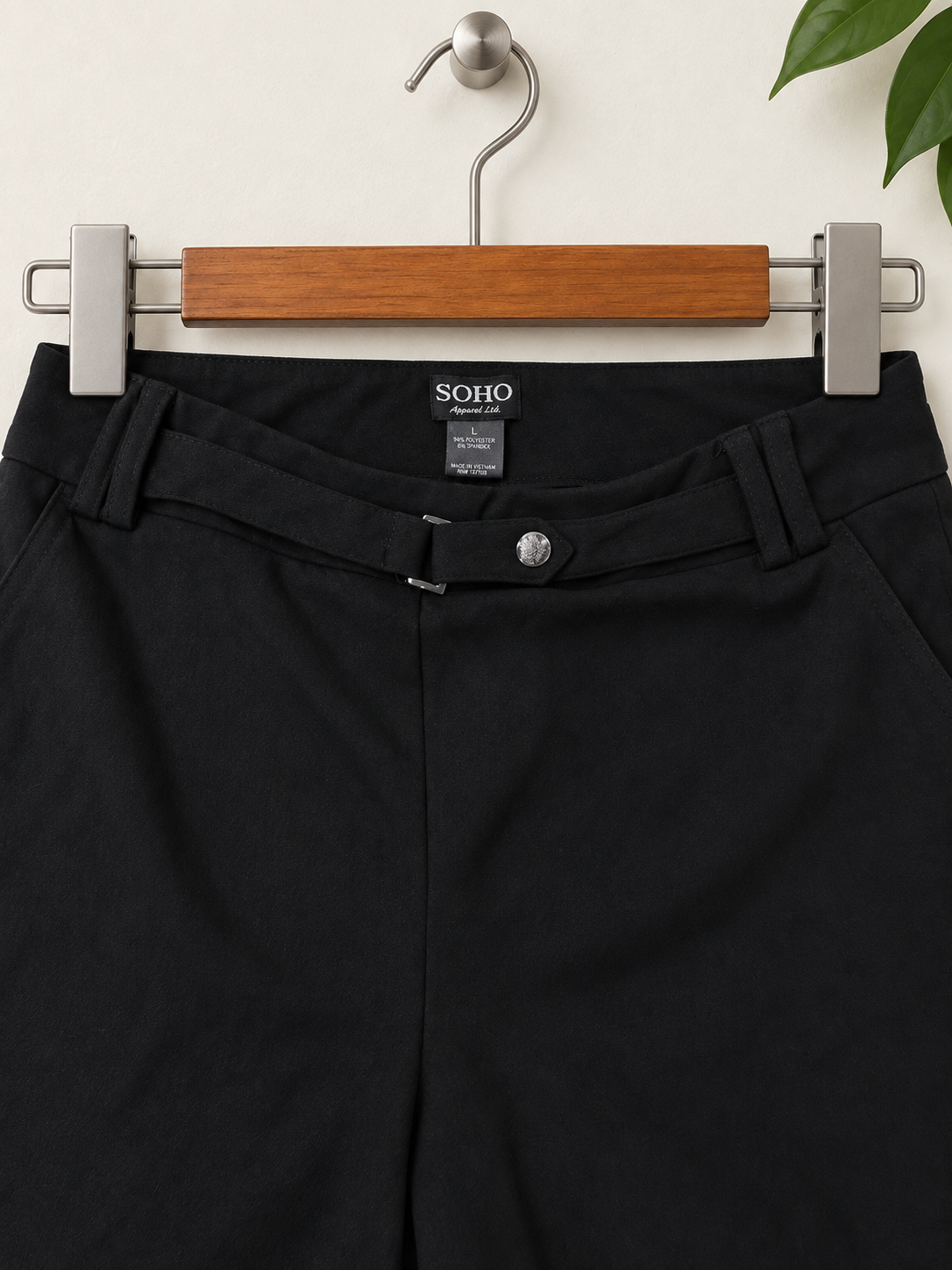 SOHO Apparel - Women’s Solid Black Belted Wide Leg Poly Trousers Size L