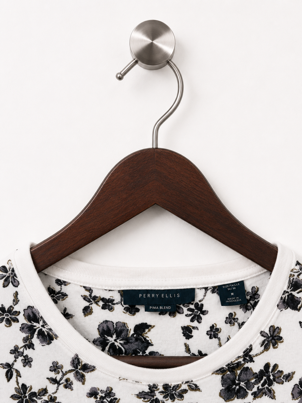 Perry Ellis White & Black Floral Print Crewneck T-Shirt