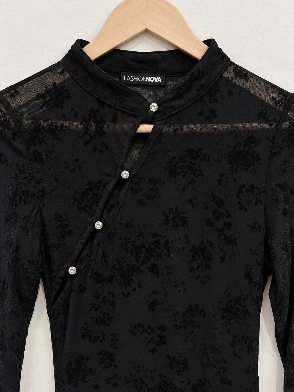 Fashion Nova Black Mesh Floral Mandarin Collar Mini Dress