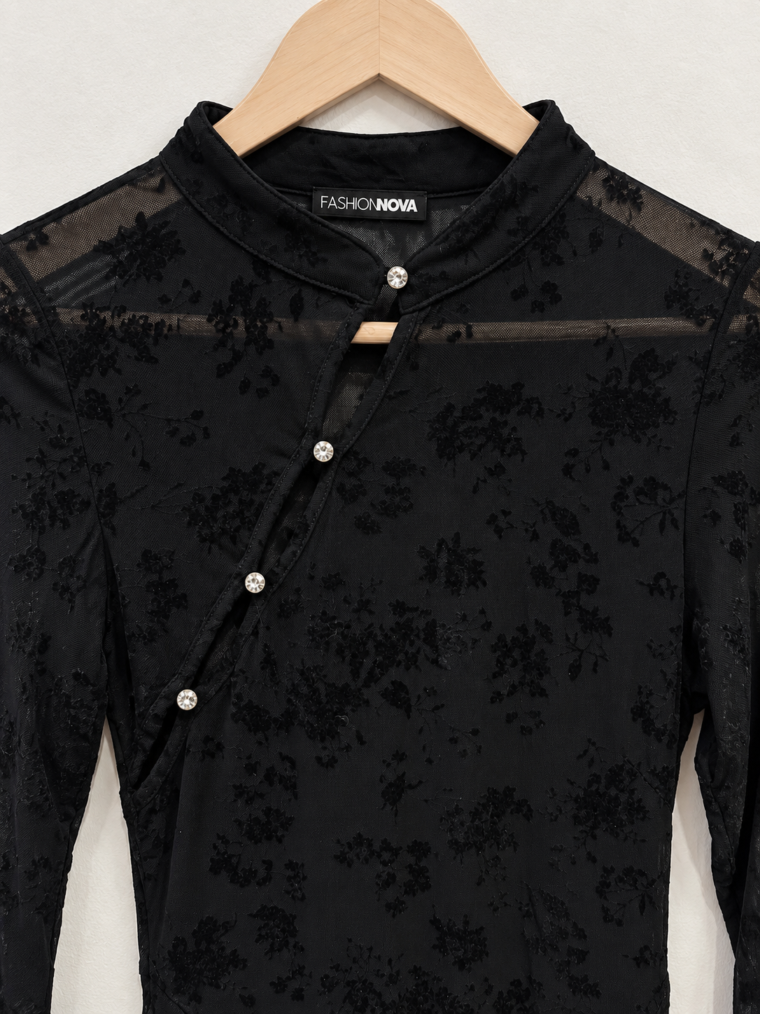 Fashion Nova Black Mesh Floral Mandarin Collar Mini Dress