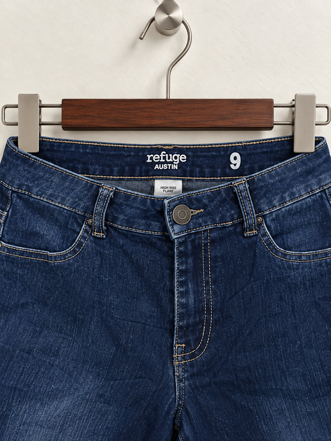 Refuge Women’s Dark Wash High-Rise Distressed Flare Jeans (Faux Front Pockets)