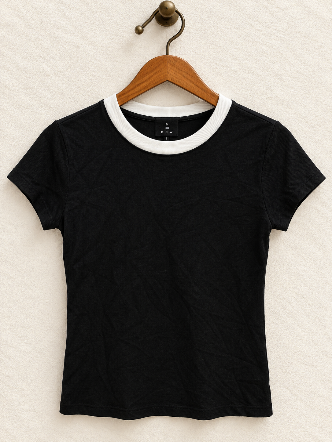 A New Day Women's Black & White Contrast Ribbed Crew Neck Ringer T-Shirt Size - S