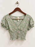 Japna Women’s Sage Green Ditsy Floral Smocked Crop Top