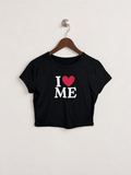 Black "I Love Me" Graphic Short Sleeve Crop Top