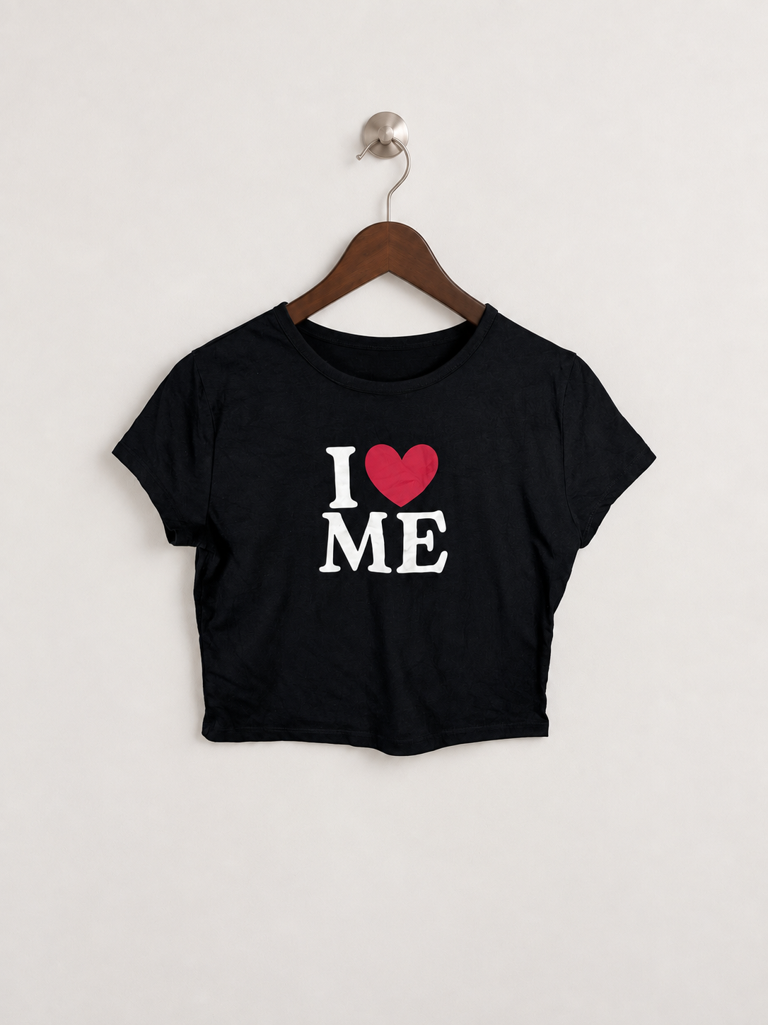 Black "I Love Me" Graphic Short Sleeve Crop Top