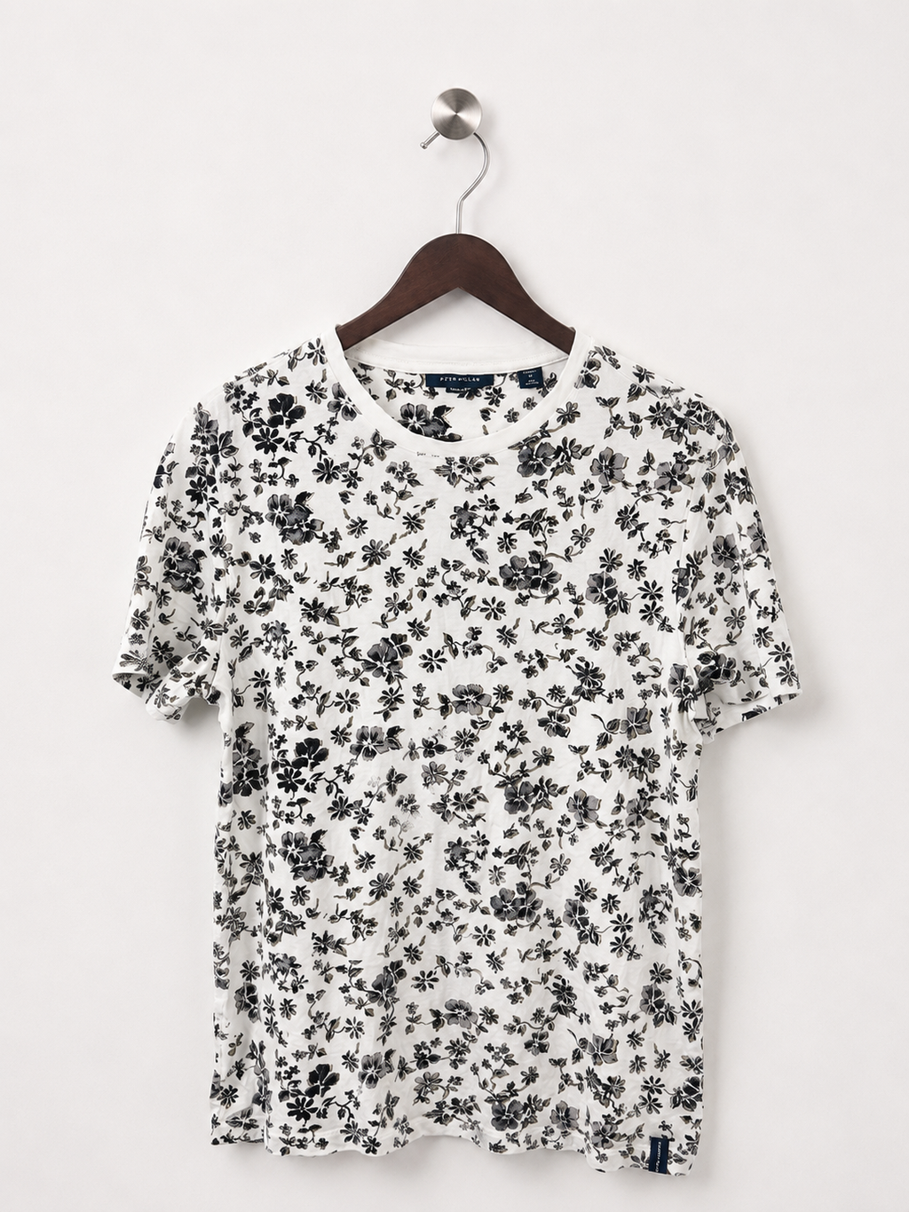 Perry Ellis White & Black Floral Print Crewneck T-Shirt
