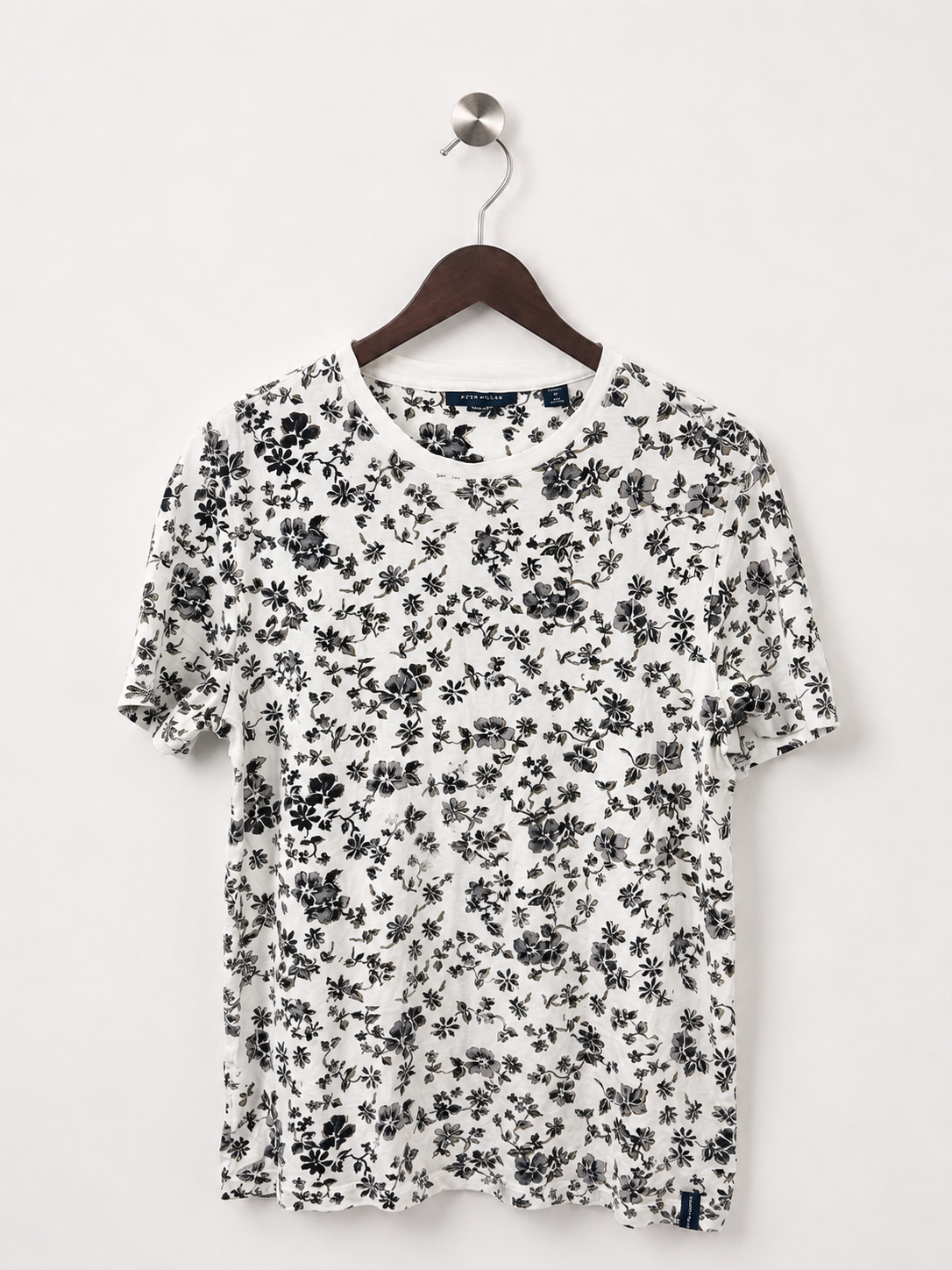 Perry Ellis White & Black Floral Print Crewneck T-Shirt