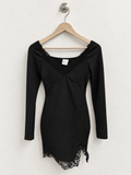 Black Ribbed Knit Lace-Trim Long Sleeve Mini Dress