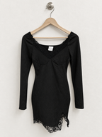 Black Ribbed Knit Lace-Trim Long Sleeve Mini Dress