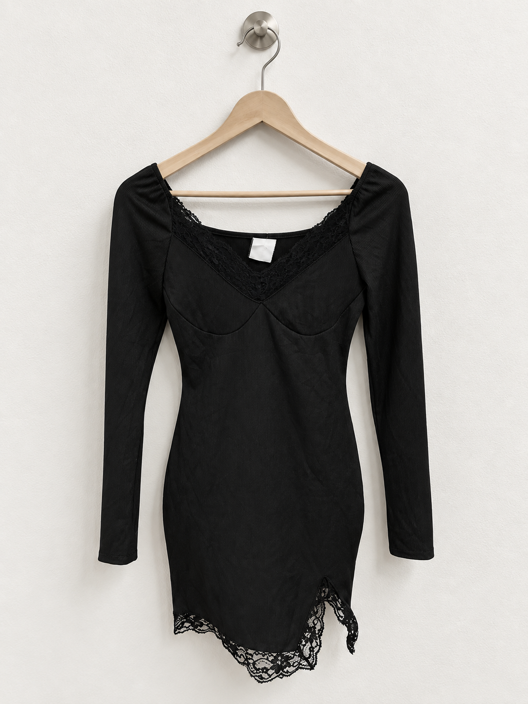 Black Ribbed Knit Lace-Trim Long Sleeve Mini Dress