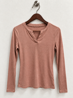 Women’s Long Sleeve Split Neck Ribbed Casual Tee