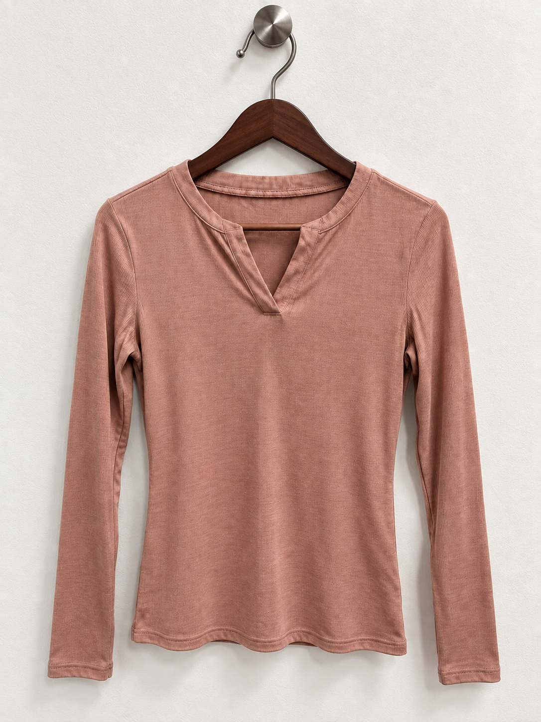 Women’s Long Sleeve Split Neck Ribbed Casual Tee