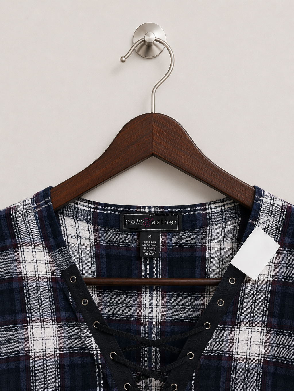 Polly & Esther Women's Navy Plaid Lace-Up Pullover Top – Size M