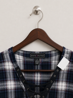 Polly & Esther Women's Navy Plaid Lace-Up Pullover Top – Size M