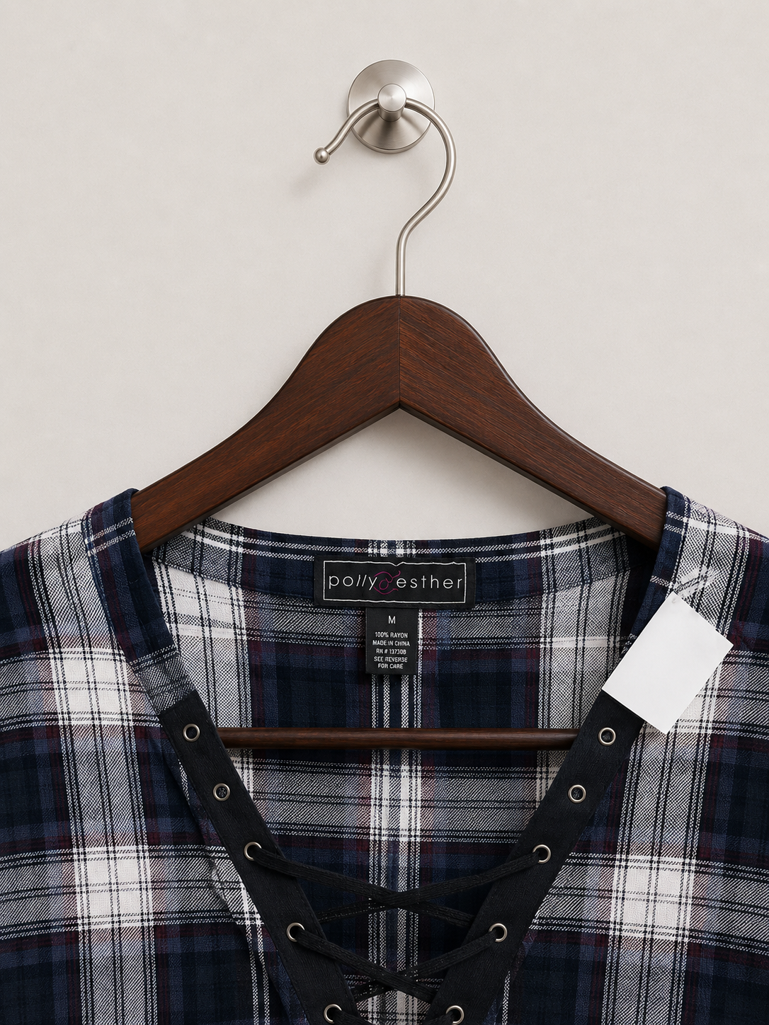 Polly & Esther Women's Navy Plaid Lace-Up Pullover Top – Size M