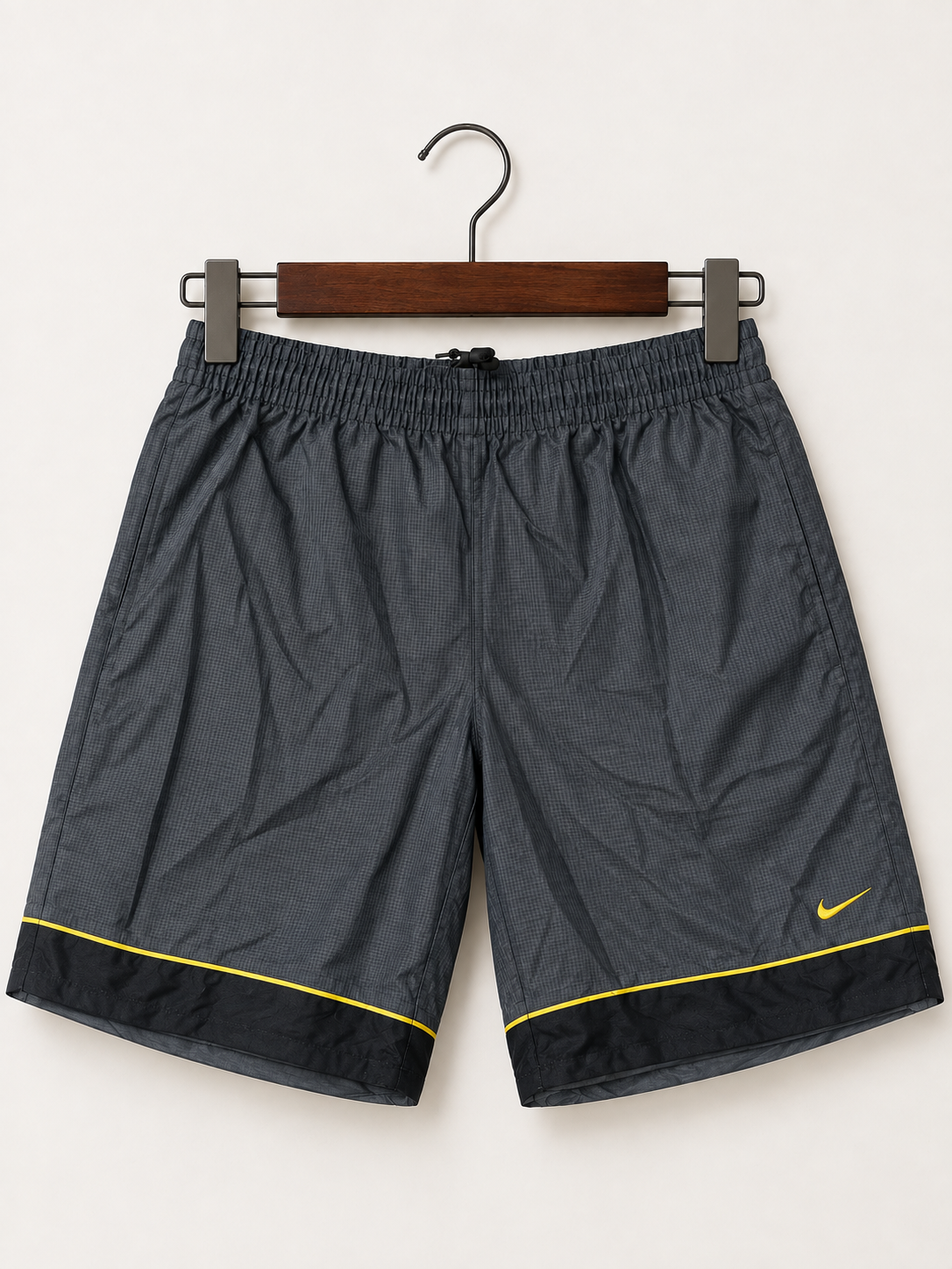 Nike Men's Grey & Black Athletic Shorts with Yellow Swoosh Size - L