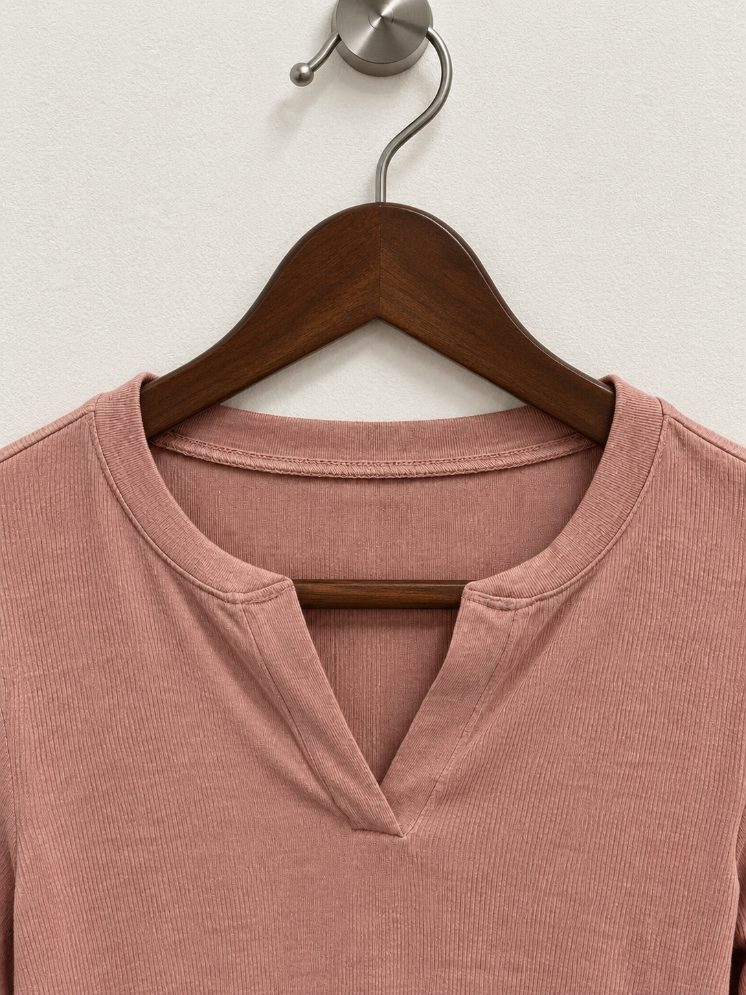 Women’s Long Sleeve Split Neck Ribbed Casual Tee