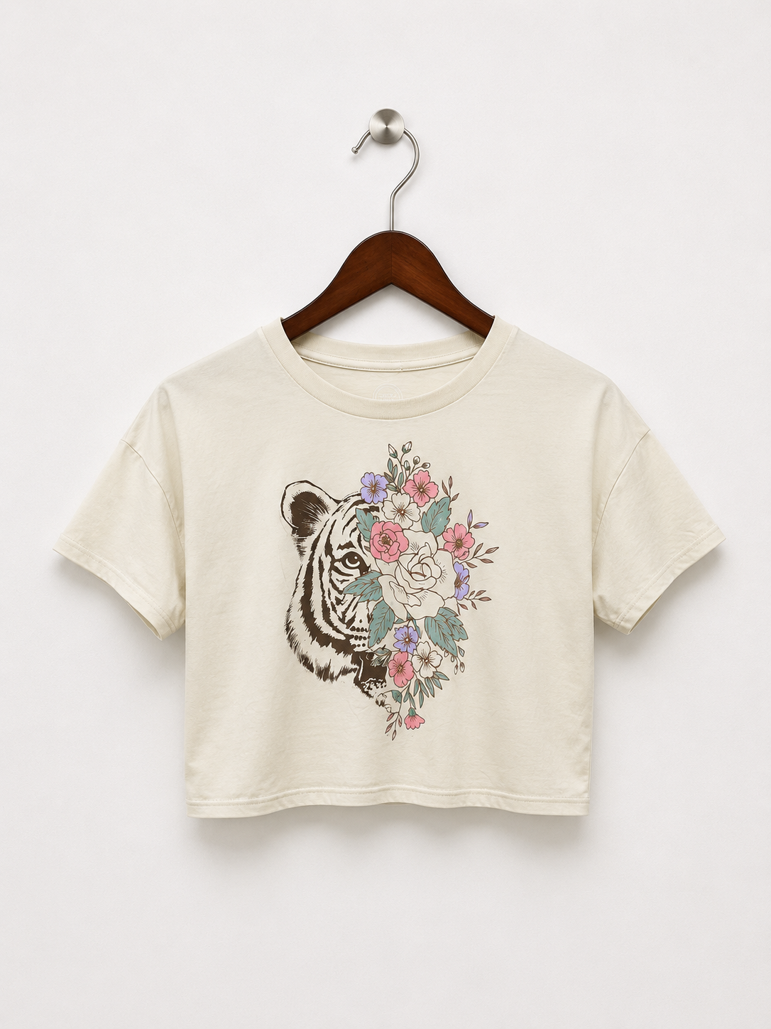 Wonder Nation Girls’ Off-White Floral Tiger Graphic Boxy Crop Top