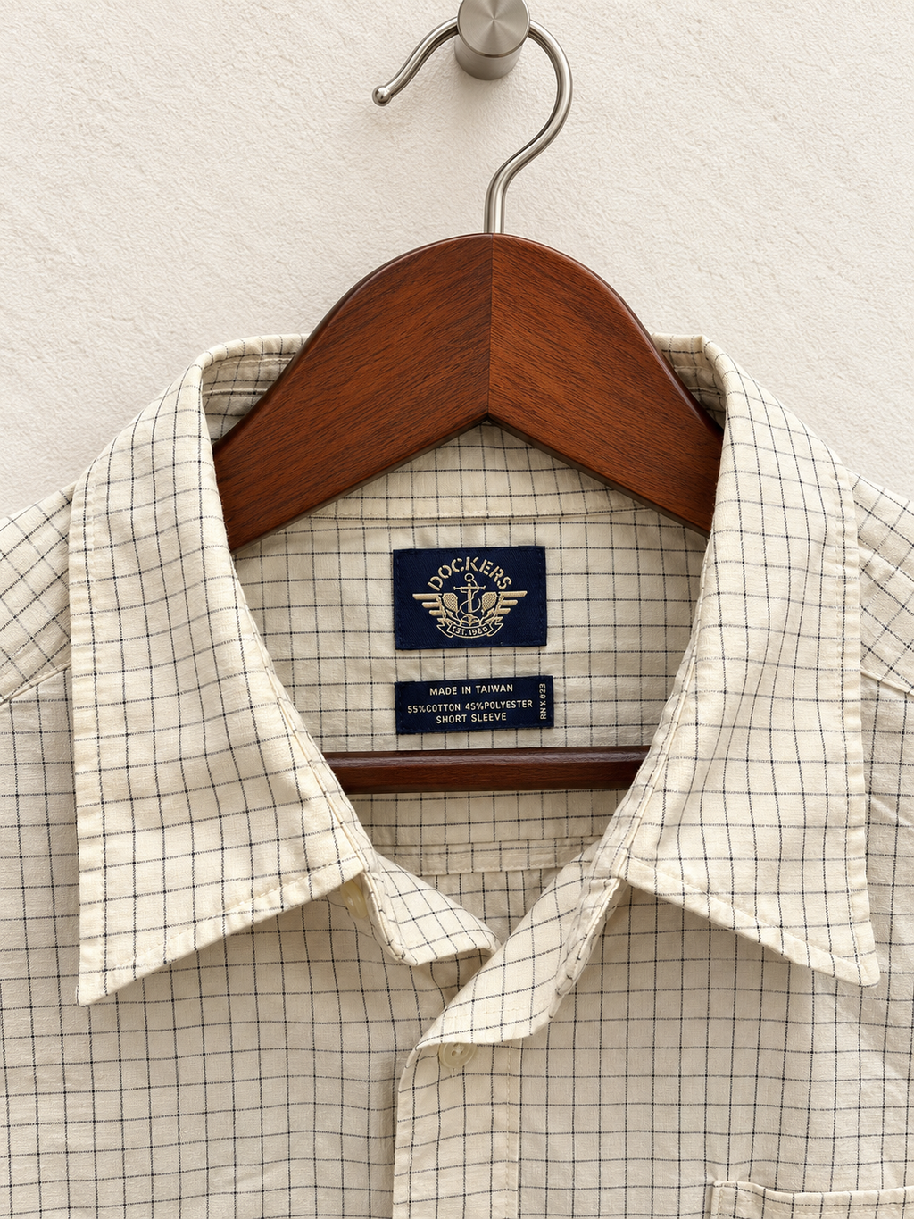 Dockers Men's Beige Checkered Short Sleeve Button-Down Shirt