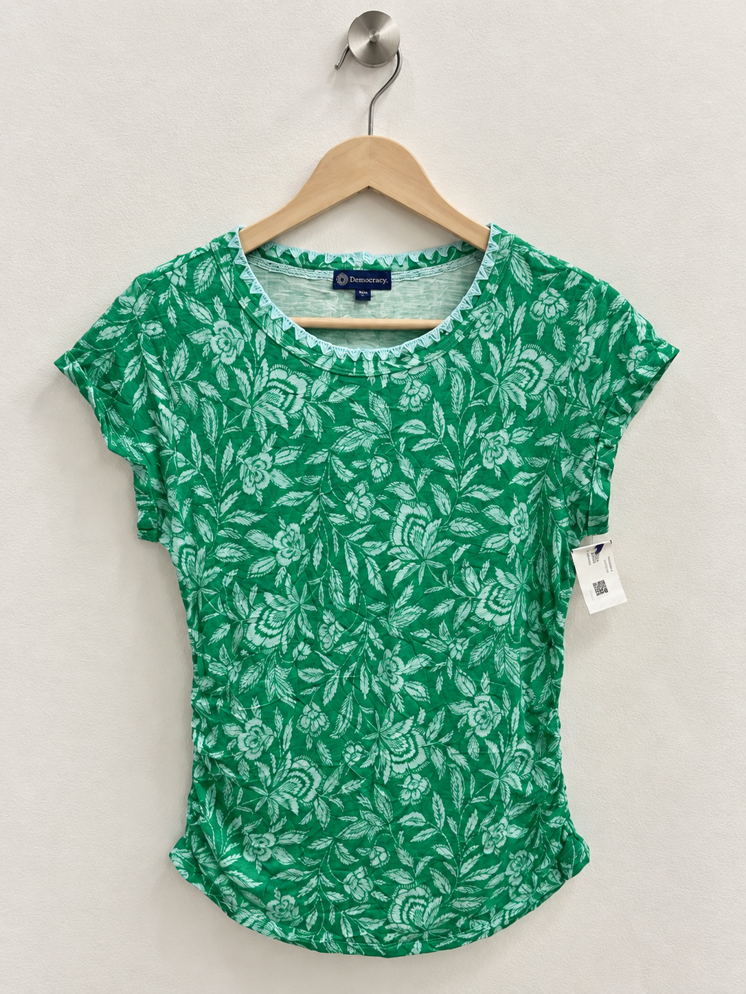 Democracy Green Floral Print Crochet Trim Top - Petite Small