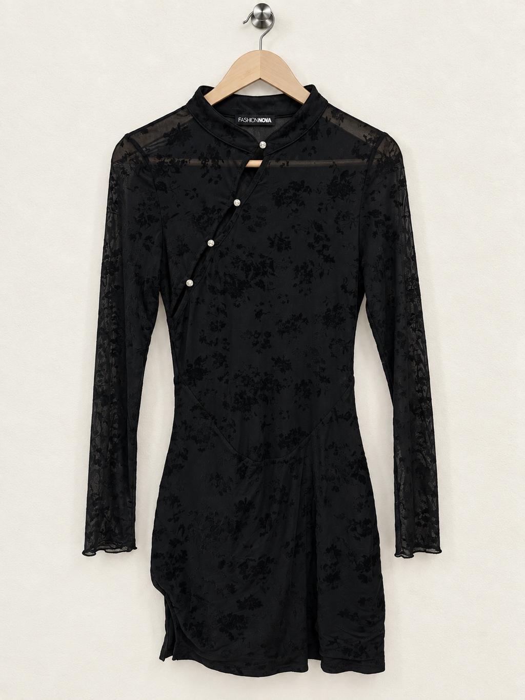 Fashion Nova Black Mesh Floral Mandarin Collar Mini Dress