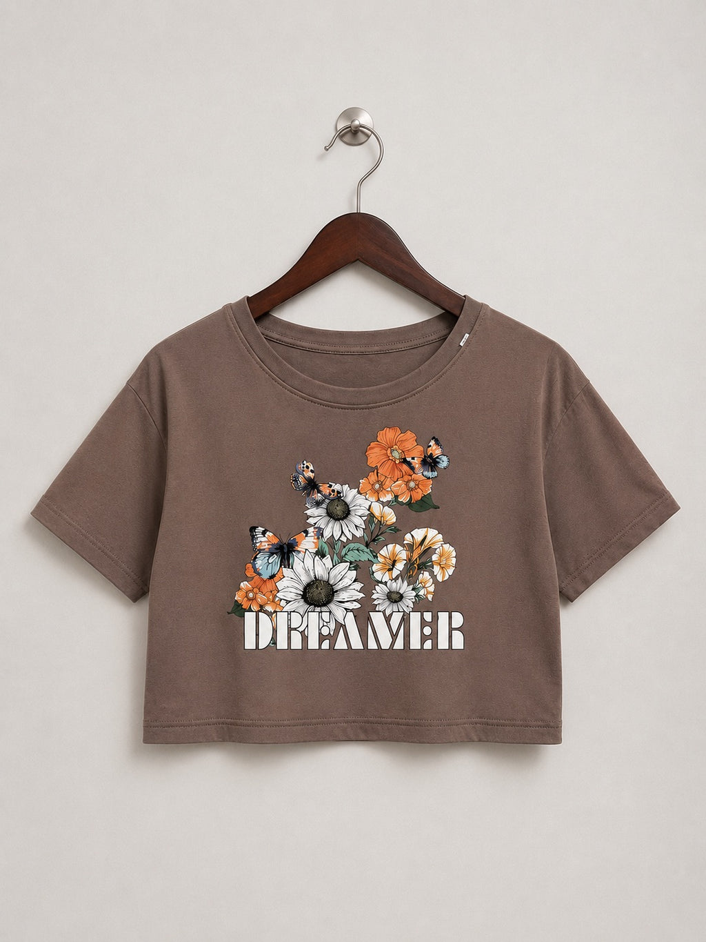 Women's Brown Floral & Butterfly "DREAMER" Graphic Crop Top