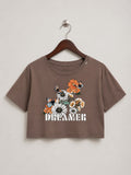 Women's Brown Floral & Butterfly "DREAMER" Graphic Crop Top
