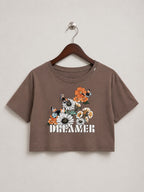 Women's Brown Floral & Butterfly "DREAMER" Graphic Crop Top