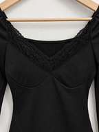 Black Ribbed Knit Lace-Trim Long Sleeve Mini Dress