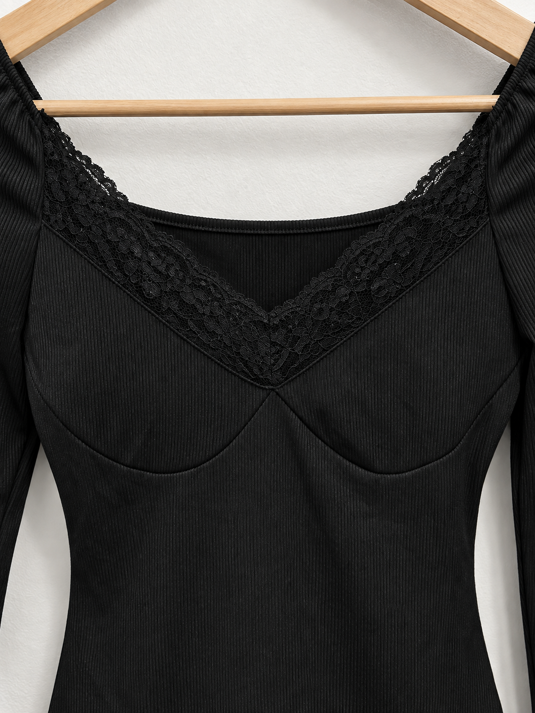Black Ribbed Knit Lace-Trim Long Sleeve Mini Dress
