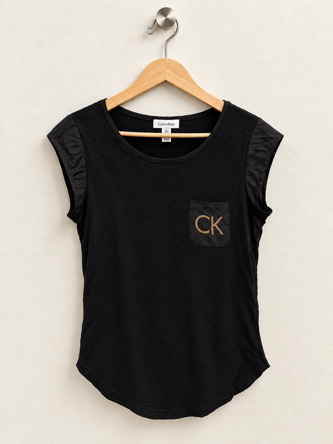Calvin Klein Women's Gold Rhinestone Pocket T-Shirt - Size Medium
