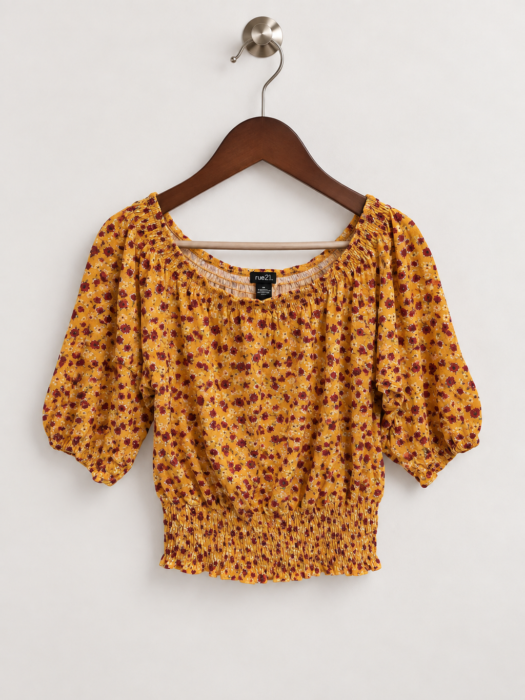 rue21 Women's Mustard Yellow Floral Smocked Waist Top – Size XL