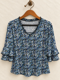 Women's Blue Floral Ditsy Print Scalloped V-Neck Tiered Ruffle Sleeve Top