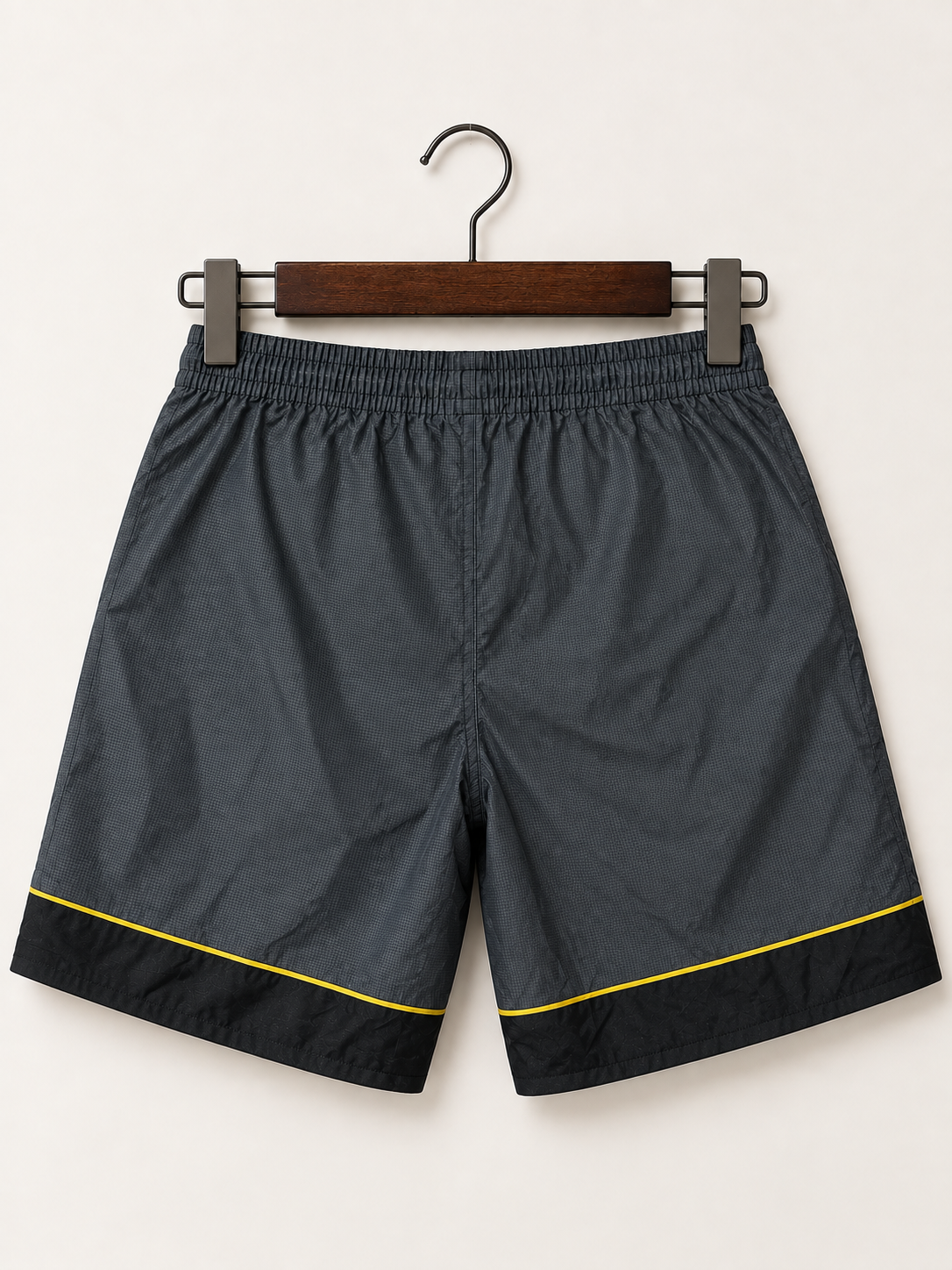 Nike Men's Grey & Black Athletic Shorts with Yellow Swoosh Size - L