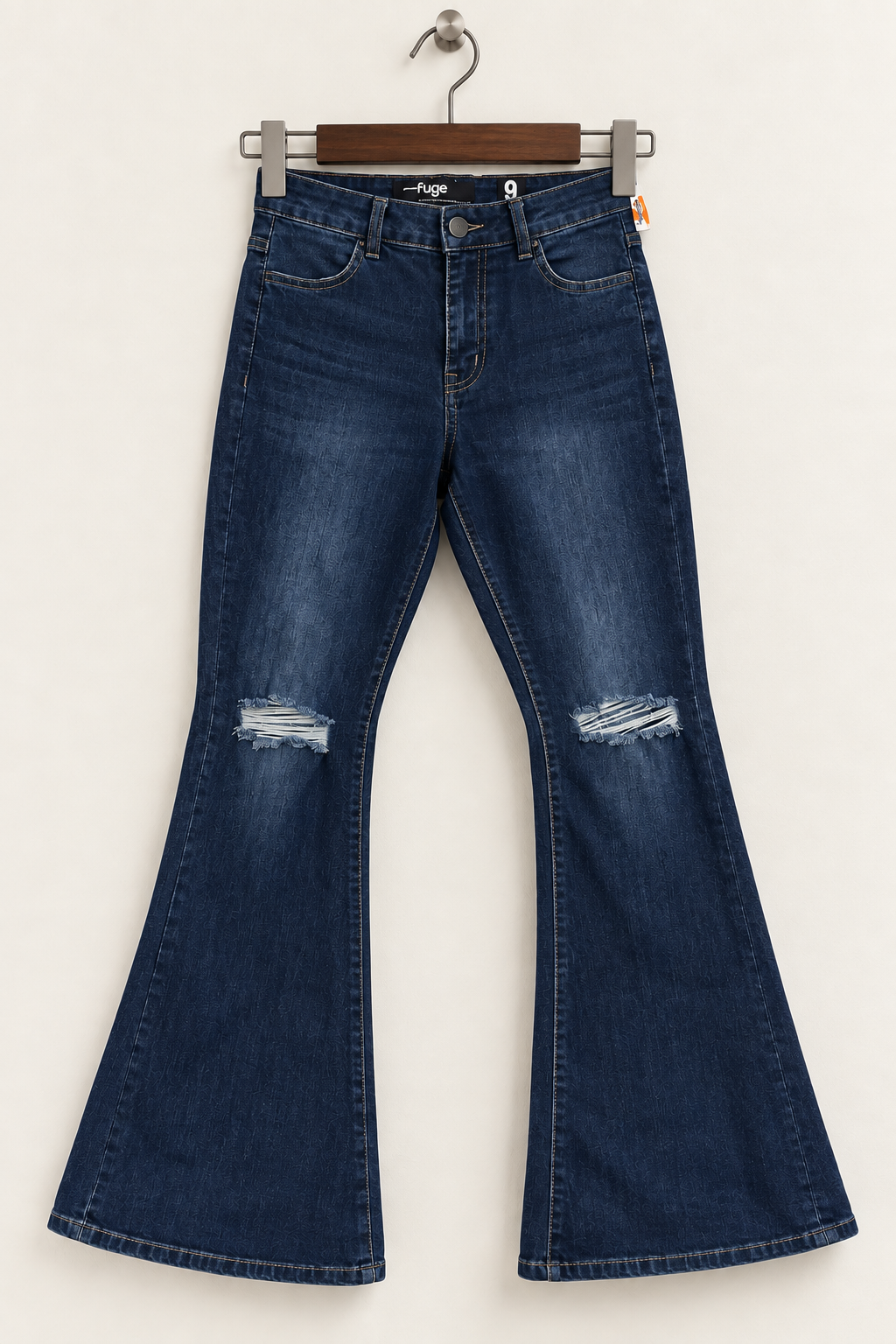Refuge Women’s Dark Wash High-Rise Distressed Flare Jeans (Faux Front Pockets)