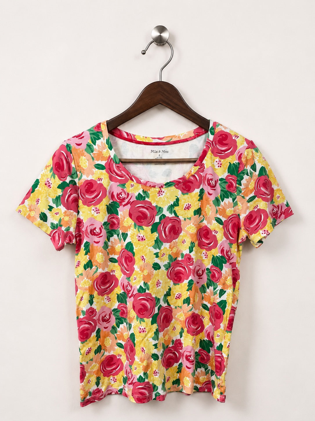 White Stag Women's Vibrant Pink & Yellow Floral Scoop Neck T-Shirt – Size M
