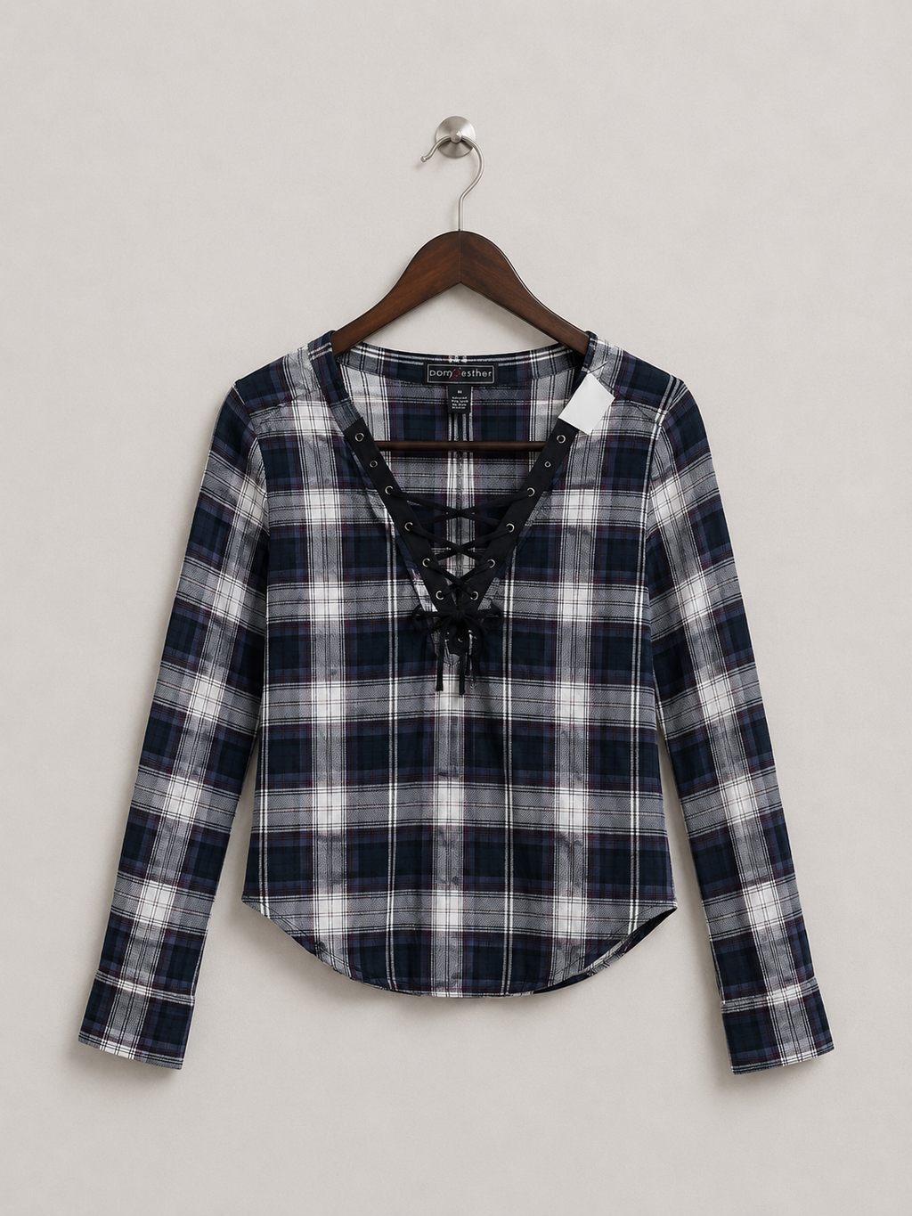 Polly & Esther Women's Navy Plaid Lace-Up Pullover Top – Size M