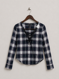 Polly & Esther Women's Navy Plaid Lace-Up Pullover Top – Size M