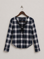 Polly & Esther Women's Navy Plaid Lace-Up Pullover Top – Size M